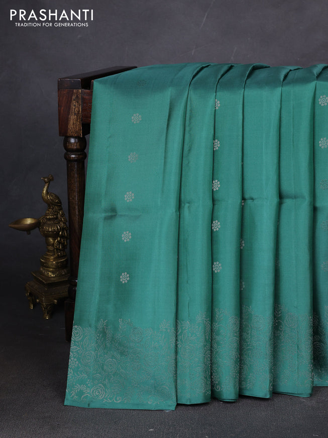 Pure soft silk saree pastel green with silver zari woven buttas and rich silver zari woven border