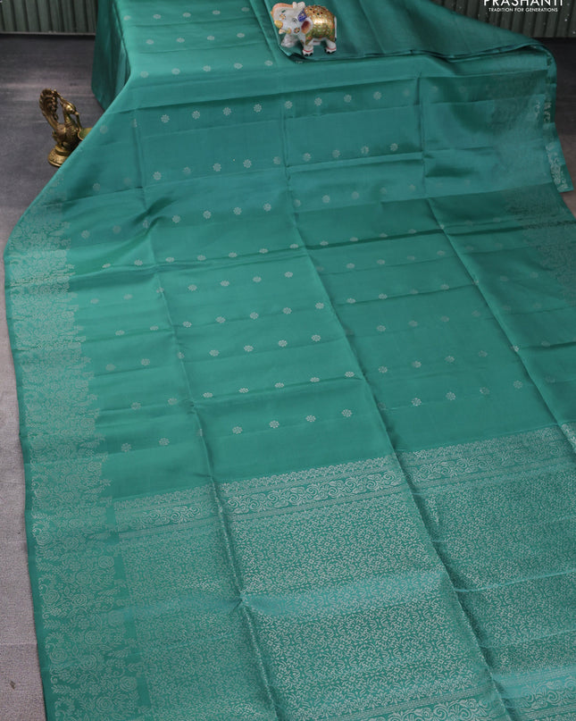 Pure soft silk saree pastel green with silver zari woven buttas and rich silver zari woven border