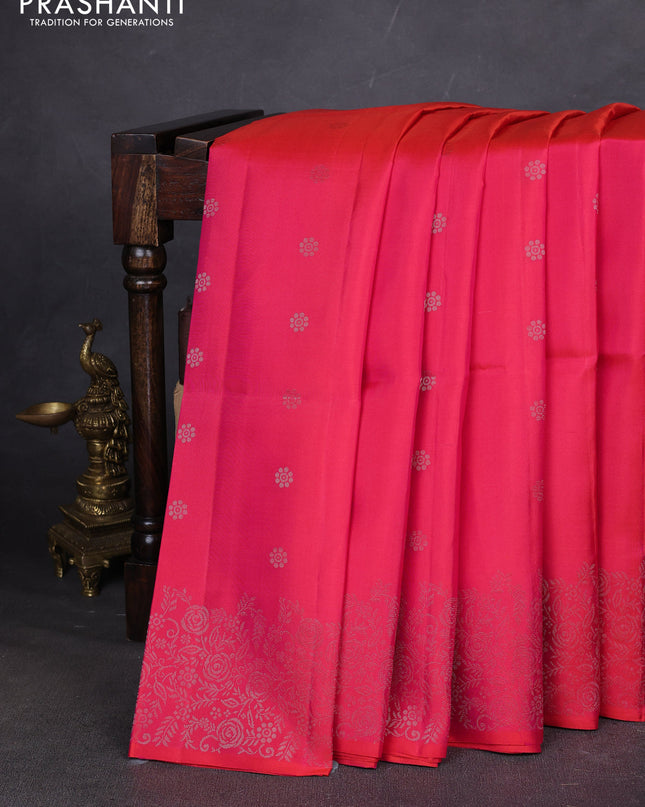 Pure soft silk saree dual shade of pinkish orange with silver zari woven buttas and rich silver zari woven border