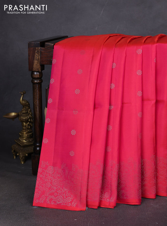 Pure soft silk saree dual shade of pinkish orange with silver zari woven buttas and rich silver zari woven border