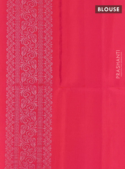 Pure soft silk saree dual shade of pinkish orange with silver zari woven buttas and rich silver zari woven border