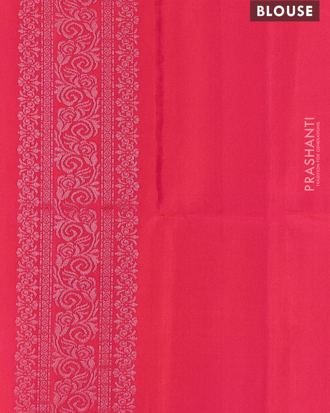 Pure soft silk saree dual shade of pinkish orange with silver zari woven buttas and rich silver zari woven border