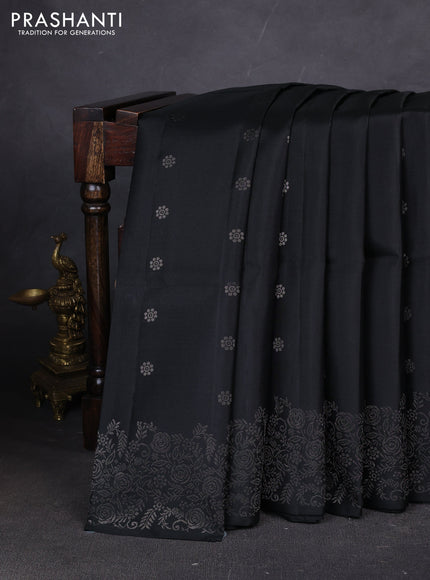 Pure soft silk saree black with silver zari woven buttas and rich silver zari woven border