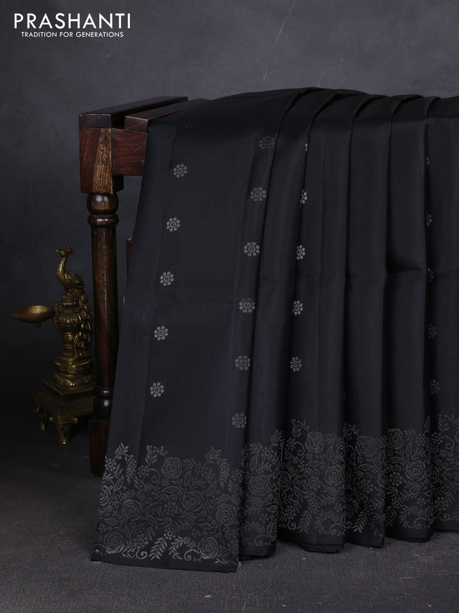 Pure soft silk saree black with silver zari woven buttas and rich silver zari woven border