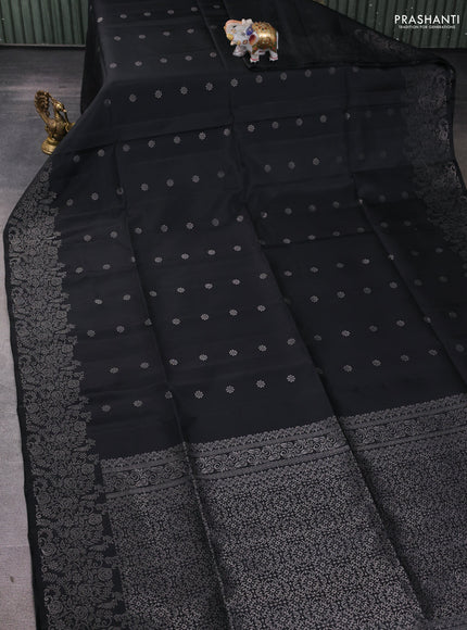 Pure soft silk saree black with silver zari woven buttas and rich silver zari woven border