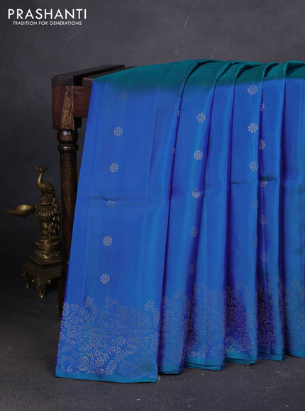 Pure soft silk saree dual shade of teal blue with silver zari woven buttas and rich silver zari woven border