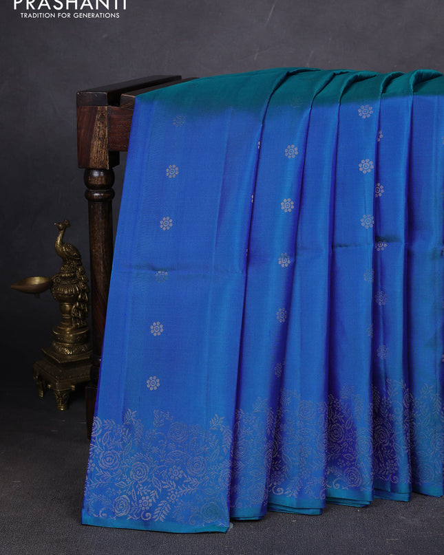 Pure soft silk saree dual shade of teal blue with silver zari woven buttas and rich silver zari woven border