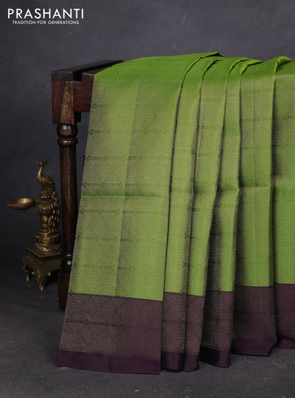 Pure soft silk saree light green and deep jamun with allover brocade weaves and zari woven border