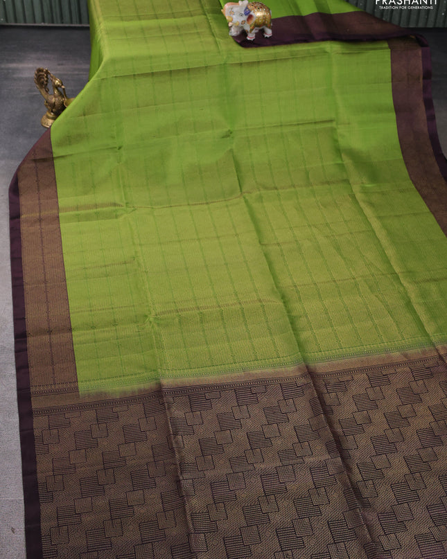 Pure soft silk saree light green and deep jamun with allover brocade weaves and zari woven border