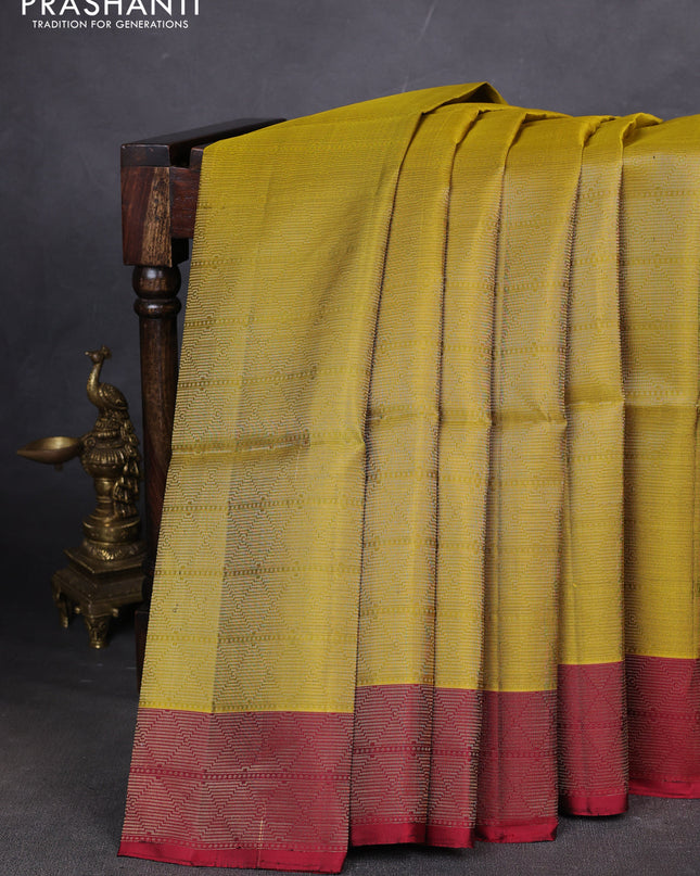 Pure soft silk saree mehendi green and maroon with allover brocade weaves and zari woven border
