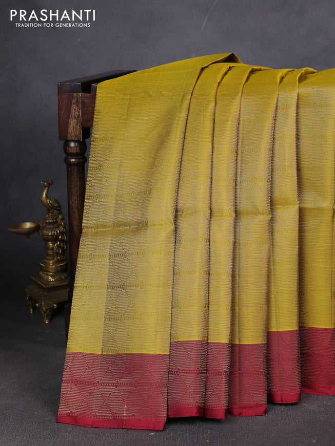 Pure soft silk saree mehendi green and maroon with allover brocade weaves and zari woven border