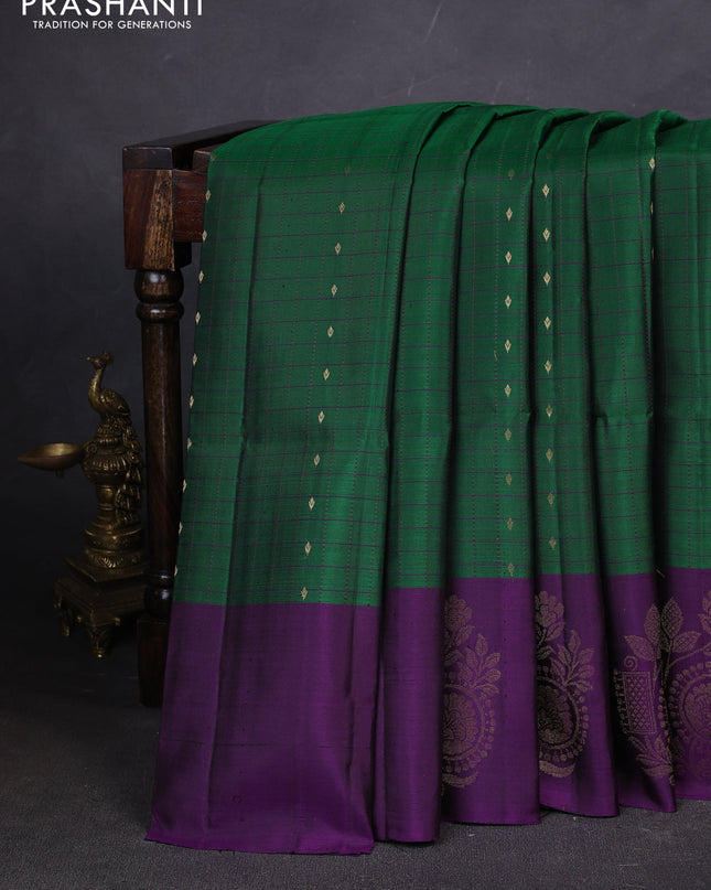 Pure soft silk saree green and purple with allover zari checks & buttas and zari woven butta border