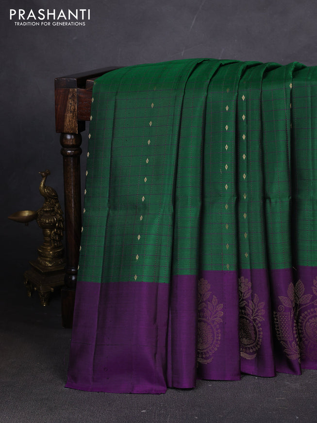 Pure soft silk saree green and purple with allover zari checks & buttas and zari woven butta border