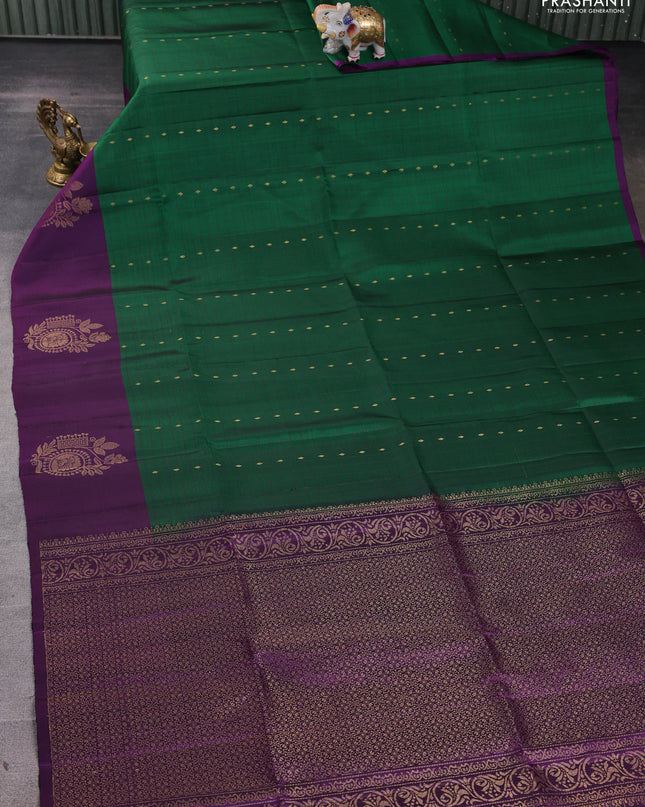 Pure soft silk saree green and purple with allover zari checks & buttas and zari woven butta border