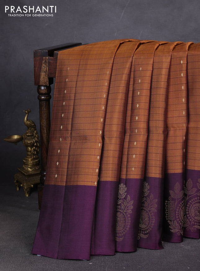 Pure soft silk saree dark rust and wine shade with allover zari checks & buttas and zari woven butta border