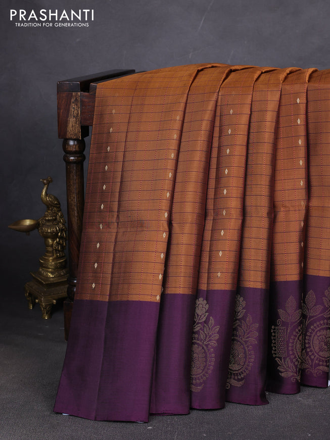Pure soft silk saree dark rust and wine shade with allover zari checks & buttas and zari woven butta border