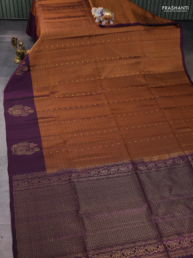 Pure soft silk saree dark rust and wine shade with allover zari checks & buttas and zari woven butta border