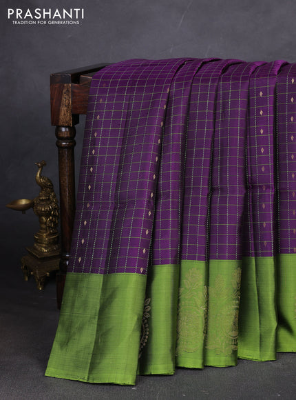 Pure soft silk saree purple and light green with allover zari checks & buttas and zari woven butta border