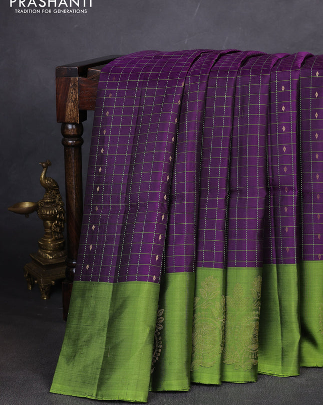 Pure soft silk saree purple and light green with allover zari checks & buttas and zari woven butta border