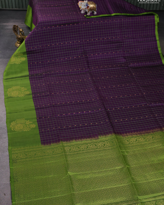 Pure soft silk saree purple and light green with allover zari checks & buttas and zari woven butta border