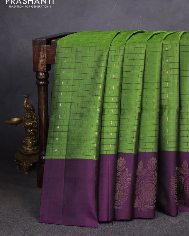 Pure soft silk saree green and deep wine with allover zari checks & buttas and zari woven butta border