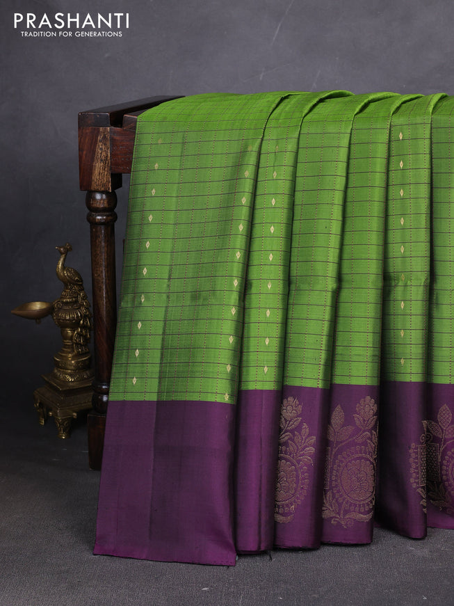 Pure soft silk saree green and deep wine with allover zari checks & buttas and zari woven butta border
