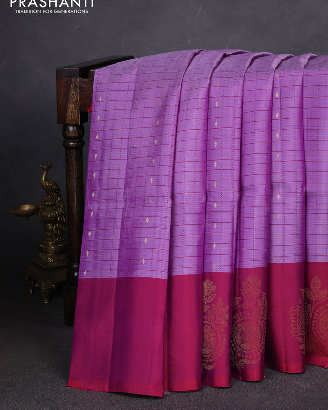 Pure soft silk saree lavender and dual shade of maroon with allover zari checks & buttas and zari woven butta border
