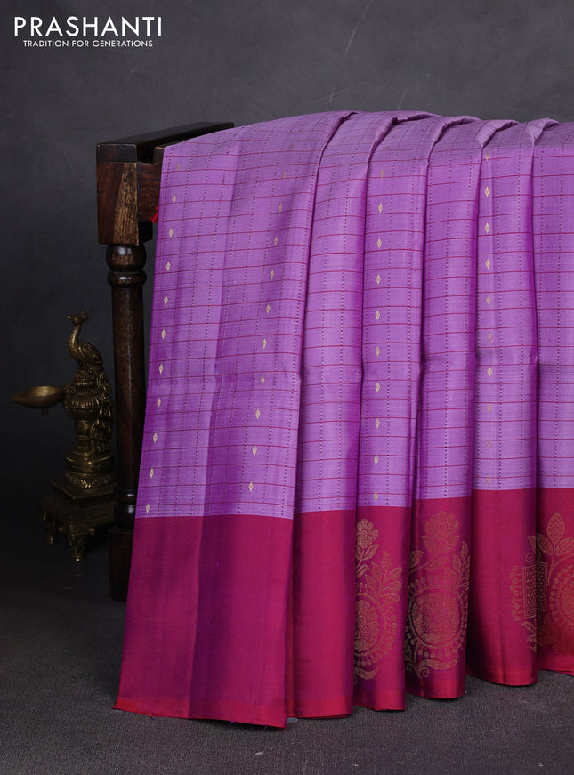 Pure soft silk saree lavender and dual shade of maroon with allover zari checks & buttas and zari woven butta border