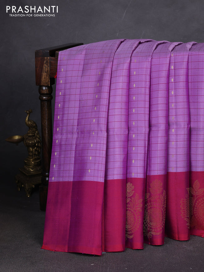 Pure soft silk saree lavender and dual shade of maroon with allover zari checks & buttas and zari woven butta border