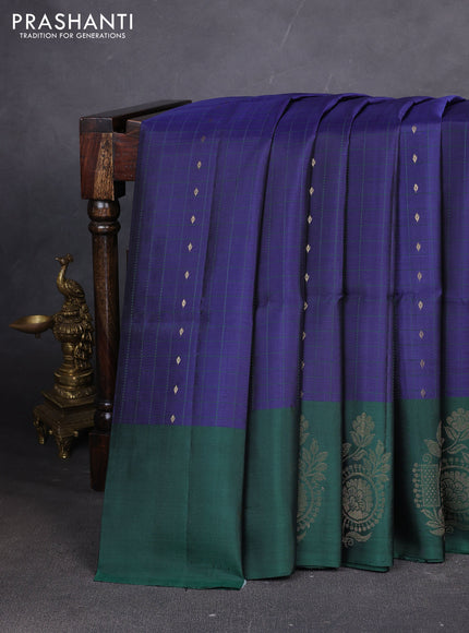 Pure soft silk saree blue and green with allover zari checks & buttas and zari woven butta border