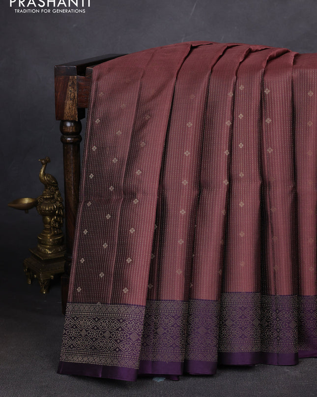 Pure soft silk saree rosy brown and jamun shade with allover zari weaves and zari woven border