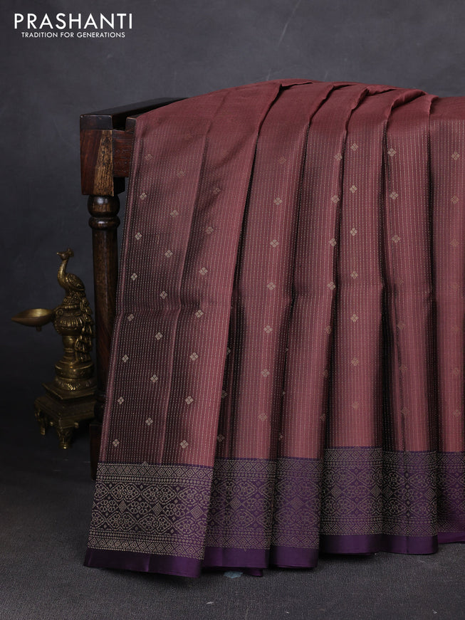 Pure soft silk saree rosy brown and jamun shade with allover zari weaves and zari woven border