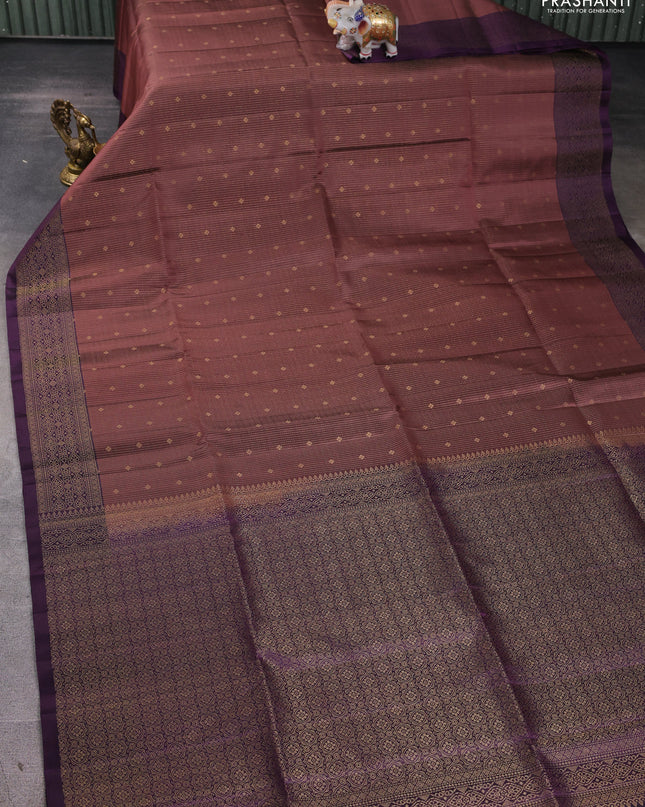 Pure soft silk saree rosy brown and jamun shade with allover zari weaves and zari woven border