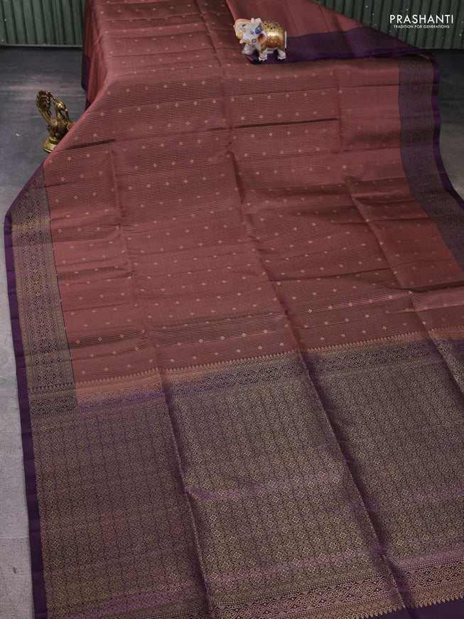 Pure soft silk saree rosy brown and jamun shade with allover zari weaves and zari woven border