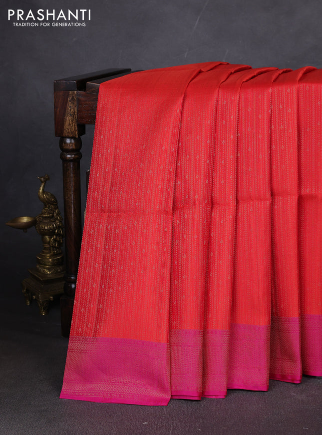 Pure soft silk saree orange and pink with allover zari weaves and zari woven border