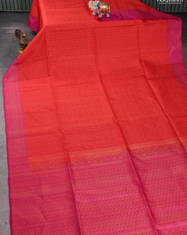 Pure soft silk saree orange and pink with allover zari weaves and zari woven border