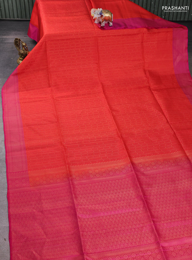 Pure soft silk saree orange and pink with allover zari weaves and zari woven border