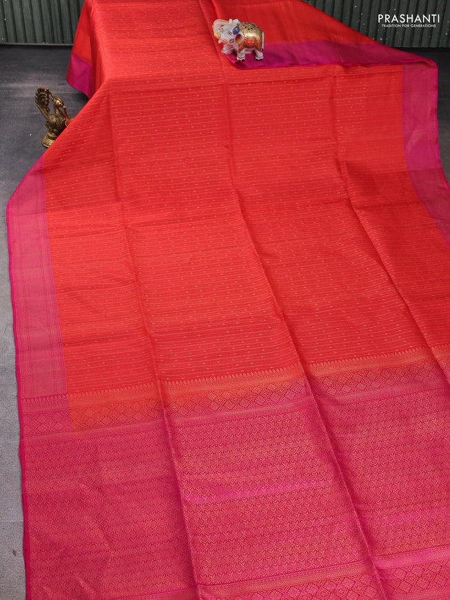 Pure soft silk saree orange and pink with allover zari weaves and zari woven border