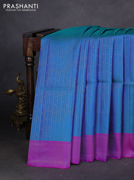 Pure soft silk saree teal blue and purple with allover zari weaves and zari woven border