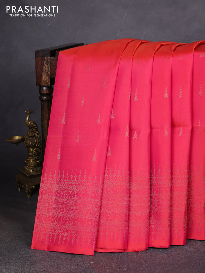 Pure soft silk saree dual shade of pinkish orange with zari woven buttas and zari woven border