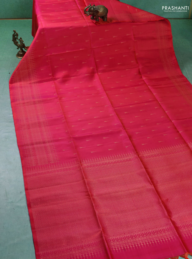 Pure soft silk saree dual shade of pinkish orange with zari woven buttas and zari woven border