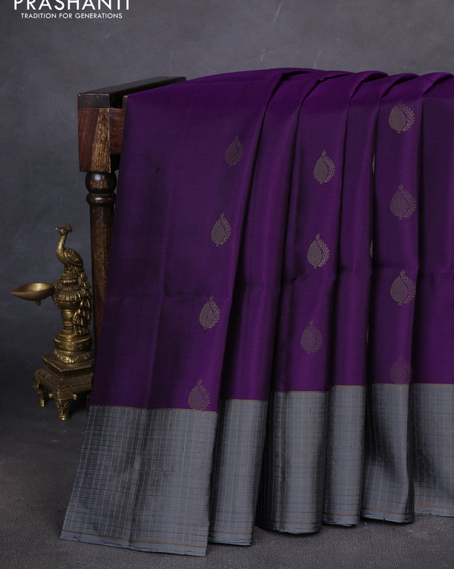 Pure soft silk saree violet and grey with zari woven buttas and zari woven checked border