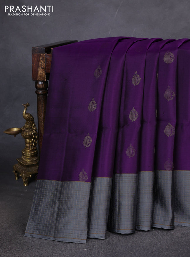 Pure soft silk saree violet and grey with zari woven buttas and zari woven checked border
