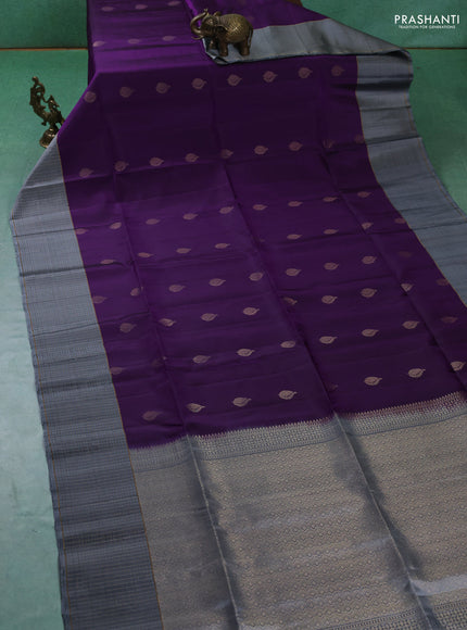 Pure soft silk saree violet and grey with zari woven buttas and zari woven checked border