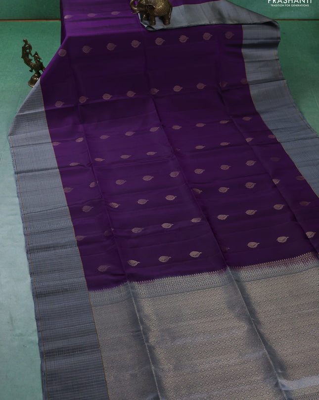 Pure soft silk saree violet and grey with zari woven buttas and zari woven checked border