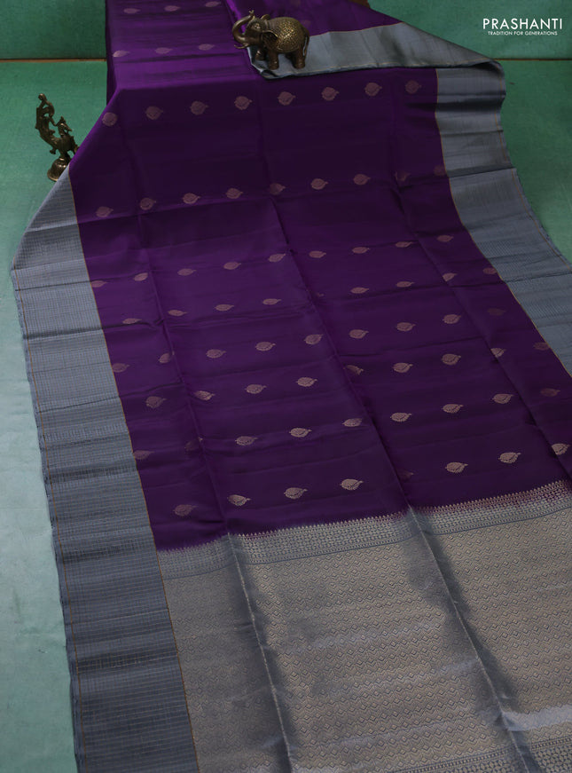 Pure soft silk saree violet and grey with zari woven buttas and zari woven checked border