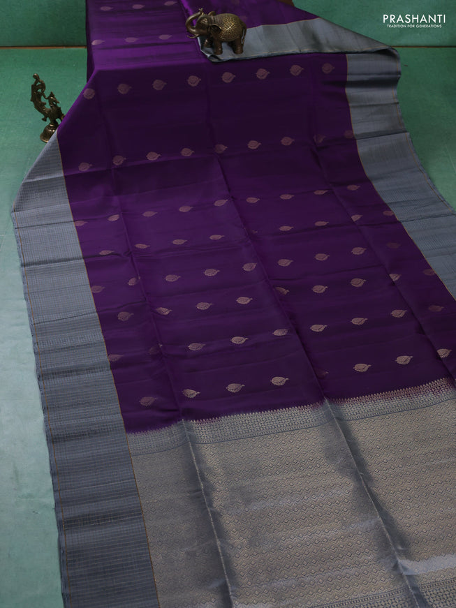 Pure soft silk saree violet and grey with zari woven buttas and zari woven checked border