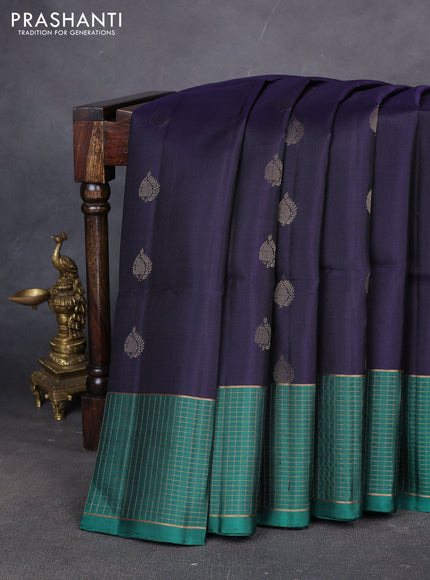 Pure soft silk saree navy blue and green with zari woven buttas and zari woven checked border