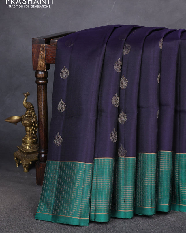 Pure soft silk saree navy blue and green with zari woven buttas and zari woven checked border