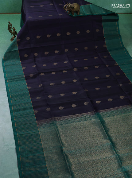 Pure soft silk saree navy blue and green with zari woven buttas and zari woven checked border